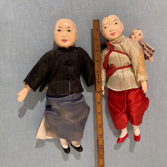 Antique Chinese Composite Dolls Set of 2 Man Women And Baby - Picture 4 of 4